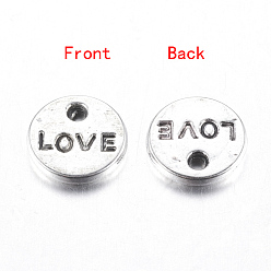 Antique Silver Tibetan Style Alloy Charms Pendants, Cadmium Free & Lead Free, For Valentine's Day, Flat Round with LOVE, Antique Silver, 9x1mm, Hole: 1.5mm