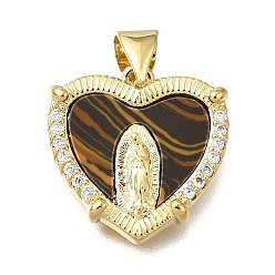 Saddle Brown Religion Brass & Clear Cubic Zirconia & Acrylic Pendants, Heart with Virgin Mary Pattern Charms, Real 16K Gold Plated, Saddle Brown, 16.5x16.5x3mm, Hole: 4x3mm