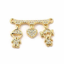 Human Rack Plating Brass Micro Pave Clear Cubic Zirconia Heart Connector Charms, Cadmium Free & Lead Free, Real 18K Gold Plated, Children Pattern, 16x22x2mm, Hole: 1mm