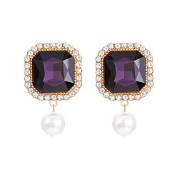 Deep purple Colorful Square Glass Earrings with Sparkling Crystal and Pearl Pendant for Women