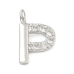 Letter P Латунные микропаве прозрачные подвески с фианитом, без кадмия и без свинца, долговечный, стойки покрытие, платина, Письмо P, 18.5x12x2.5 мм, отверстие : 2.5 мм