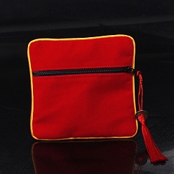 Red Square Chinese Style Cloth Tassel Bags, with Zipper, for Bracelet, Necklace, Red, 11.5x11.5cm
