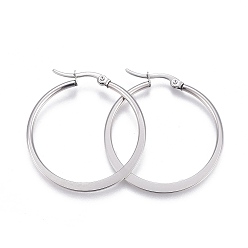 Stainless Steel Color 201 Stainless Steel Hoop Earrings, with 304 Stainless Steel Pin, Hypoallergenic Earrings, Flat Ring Shape, Stainless Steel Color, 26x24.5x2mm, Pin: 0.8mm