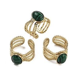 Малахит Овальные кольца на палец из натурального малахита, ионное покрытие (ip) 304 манжеты из нержавеющей стали для женщин, регулируемый, 6 шт / комплект
