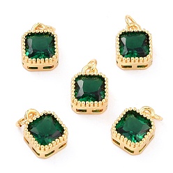 Green Real 18K Gold Plated Brass Inlaid Cubic Zirconia Charms, with Jump Ring, Long-Lasting Plated, Square, Green, 9.5x7x4mm, Jump Ring: 4x0.5mm, 2.5mm Inner Diameter