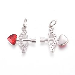 Platinum Brass Pendants, with Micro Pave Cubic Zirconia and Jump Rings, Cupid/Cherub Arrow, for Valentine's day, Clear & Red, Platinum, 16.5x15.8x3mm, Hole: 3.2mm