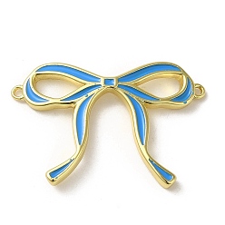Deep Sky Blue Brass Enamel Connector Charms, Bowknot Link, Real 18K Gold Plated, Deep Sky Blue, 21.5x32x3mm, Hole: 1mm