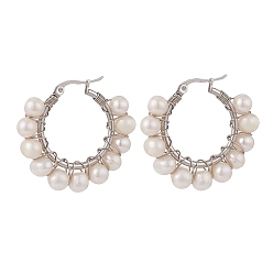 WhiteSmoke Natural Pearl Braided Hoop Earrings, 304 Stainless Steel Wire Wrap Jewelry for Women, WhiteSmoke, 36x37.5x8mm, Pin: 0.6mm