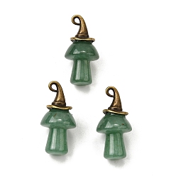 Зеленый Авантюрин Подвески из натурального зеленого авантюрина в виде гриба, с ведьминой шляпой из сплава, античная бронза, 31~31.5x15~15.5 мм, отверстие : 1.5x2 мм
