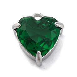 Изумруд 304 из нержавеющей стали горный хрусталь подвески, сердце, цвет нержавеющей стали, изумруд, 11x9.5x5 мм, отверстие : 1.6 мм