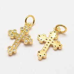 Real 18K Gold Plated Brass Micro Pave Grade AAA Cubic Zirconia Pendants, Long-Lasting Plated, Cross, Cadmium Free & Nickel Free & Lead Free, Real 18K Gold Plated, 18x11x1.5mm, Hole: 3mm