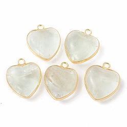 Fluorite Natural Green Fluorite Pendants, with Golden Plated Brass Findings, Heart Charms, 18~19x15~17x7~10mm, Hole: 2mm