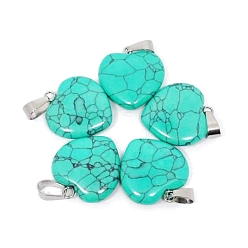 Synthetic Turquoise Valentine's Day Synthetic Turquoise Dyed Pendants, Heart Charms with Platinum Plated Metal Snap on Bails, 20mm