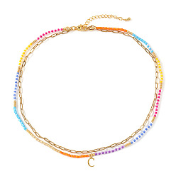 Letter C Красочные подвески с инициалами из бисера, двухслойные ожерелья, 304 ювелирные изделия из нержавеющей стали, золотые, буква С, 16.54 дюйм (42 см)