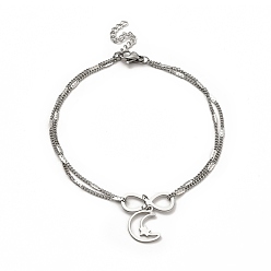 Луна Не тускнеет 304 браслет на щиколотку из нержавеющей стали, двухслойный ножной браслет для женщин с бордюрными цепями, луна, Луна: 15x11x0.5 мм, 8-1/4 дюйм (21 см)