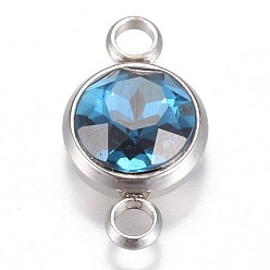 Blue Zircon Glass Links connectors, Faceted, with 304 Stainless Steel Findings, Flat Round, Stainless Steel Color, Blue Zircon, 17.5x10x6.5mm, Hole: 2.5mm