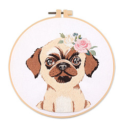 Dog DIY Puppy Dog Embroidery Kit for Beginners, Included Plastic Embroidery Hoop, Needle, Threads, Cotton Fabric, Pug Pattern, Hoop: 20x20cm