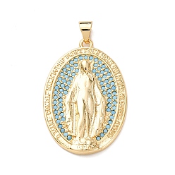 Темно-Голубой Латунные микро проложить кубического циркония подвески, стойки покрытие, долговечный, без свинца и без кадмия, овальные с рисунками " virgin mary", реальный 18 k позолоченный, глубокое синее небо, 32.5x22x3 мм, отверстие : 5x4 мм