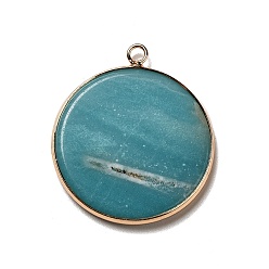 Amazonite Natural Amazonite Pendants, Flat Round Charms, with Golden Plated Brass Frame, 35x31x3~3.5mm, Hole: 2.5mm