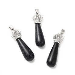 Blue Goldstone Synthetic Blue Goldstone Pendants, Teardrop Charms, with Brass Crystal Rhinestone Crown Findings, Platinum, Cadmium Free & Lead Free, 36~39x9.5~11mm, Hole: 5x8mm