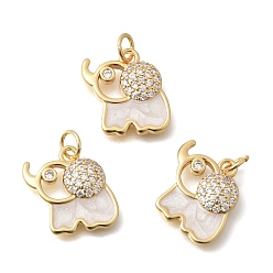 Белый Латунные микропаве прозрачные подвески с фианитом, Слон прелести, с эмалью, без кадмия и без свинца, реальный 18 k позолоченный, стойки покрытие, долговечный, белые, 15x15x3.5 мм, отверстие : 3.5 мм
