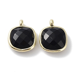 Obsidian Natural Obsidian Pendants, Faceted Square Charms, with Golden Plated Brass Edge Loops, 16.5x13x6mm, Hole: 2.2mm