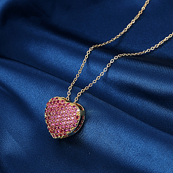 Pink Brass Micro Pave Cubic Zirconia Heart Pendant Necklaces for Women, Real 18K Gold Plated, Cable Chain Necklace, Pink, 15-3/4 inch(40cm)