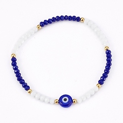Colorful Faceted Glass Beaded Stretch Bracelets, with Evil Eye Lampwork Flat Round Beads and 304 Stainless Steel Beads, Golden, Colorful, Inner Diameter: 2-1/8 inch(5.5cm)