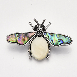 Seashell Color Mixed Shell Brooches/Pendants, with Rhinestone, Alloy Findings and Resin Bottom, Bee, Antique Silver, Seashell Color, 36x57x14mm, Hole: 7x4mm, Pin: 0.7mm