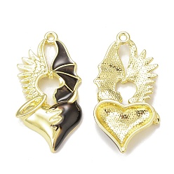 Coconut Brown Rack Plating Alloy Enamel Pendants, Heart with Wing Charm, Golden, Coconut Brown, 40x20x4mm, Hole: 1.8mm