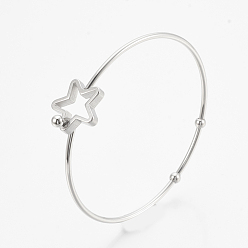 Stainless Steel Color 304 Stainless Steel Bangles, with 201 Stainless Steel Beads, Star, Stainless Steel Color, 2-3/8 inch(6.2cm)x2-3/8 inch(6.1cm), 1.5mm