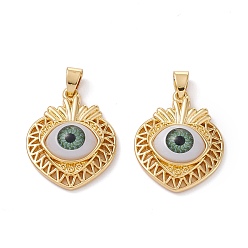 Olive Drab Brass Pendants, with Resin Cabochons, Long-Lasting Plated, Heart with Evil Eye, Real 18K Gold Plated, Olive Drab, 28.5x22.5x7mm, Hole: 5x3.5mm