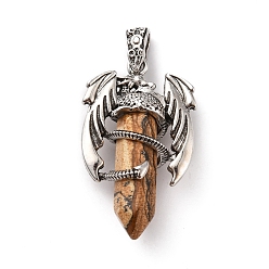Picture Jasper Natural Picture Jasper Pointed Pendants, Faceted Bullet Charms, with Rack Plating Platinum Tone Alloy Dragon Findings, Cadmium Free & Lead Free, 39~41x24~25x13~14mm, Hole: 4x8mm