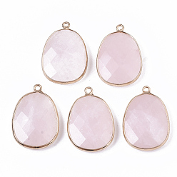 Rose Quartz Natural Rose Quartz Pendants, with Golden Plated Edge Brass Findings, Nickel Free, Faceted, Oval, 25~26x17~18x5mm, Hole: 1.4mm