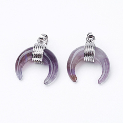 Amethyst Natural Amethyst Pendants, with Brass Findings, Double Horn/Crescent Moon, Platinum, 22~23x19~20x9mm, Hole: 5x7mm