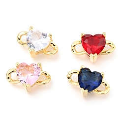 Mixed Color Brass Links Connectors, with Cubic Zirconia, Long-Lasting Plated, Heart, Real 18K Gold Plated, Mixed Color, 10.5x18.5x7mm, Hole: 3x2.5mm
