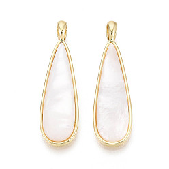  Natural White Shell Pendants, Teardrop Charms, with Brass Settings, Golden, 40~40.5x11.5x3.5~4.5mm, Hole: 5x4mm