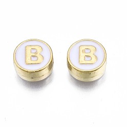 Letter B Alloy Enamel Beads, Cadmium Free & Lead Free, Light Gold, Flat Round with Alphabet, White, Letter.B, 8x4mm, Hole: 1.5mm