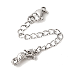 Платина Удлинитель цепи из прозрачного кубического циркония из латуни с микропаве, цепочки с застежками-карабинами и подвесками в виде морских коньков, платина, 75 мм, отверстие : 2.7 мм