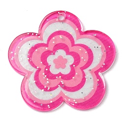 Deep Pink Acrylic Pendants with Glitter Powder, Flower, Deep Pink, 30.5x31.5x1.8mm, Hole: 1.8mm