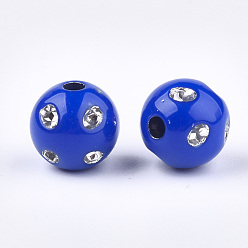 Blue Plating Acrylic Beads, Metal Enlaced, Round, Blue, 9~10x9mm, Hole: 2mm, about 1000pcs/500g