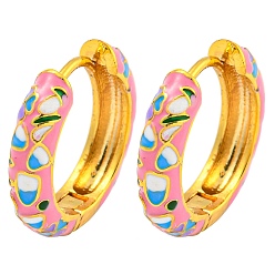 Бледно-Розовый Латунные серьги обруча, с цветочной эмалью, без кадмия и без свинца, долговечный, реальный 18 k позолоченный, розовый жемчуг, 19x4.5 мм