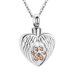 Orange Stainless Steel Pendant Necklaces, Urn Ashes Necklace, Heart with Wing, Orange, 0.98x0.71 inch(2.5x1.8cm)