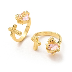 Pink Открытые кольца-манжеты из латуни и стекла для женщин, святое сердце, долговечный, стойки покрытие, без свинца и без кадмия, золотые, розовые, 17 мм, Сердце: 13~15x10~15 mm