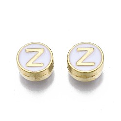 Letter Z Alloy Enamel Beads, Cadmium Free & Lead Free, Light Gold, Flat Round with Alphabet, White, Letter.Z, 8x4mm, Hole: 1.5mm