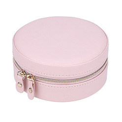 Lavender Blush Round PU Imitation Leather Jewelry Storage Zipper Boxes, Portable Travel Case with Mirror, for Necklace, Ring Earring Holder, Gift for Women, Lavender Blush, 11x5.2cm