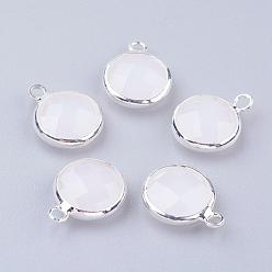 Creamy White Silver Color Plated Brass Glass Flat Round Charms, Faceted, Creamy White, 12x8.5x3mm, Hole: 1.5mm