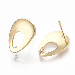 Real 18K Gold Plated Brass Stud Earring Findings, with Loop, Teardrop, Real 18K Gold Plated, 16.5x12mm, Hole: 2mm, Pin: 0.7mm