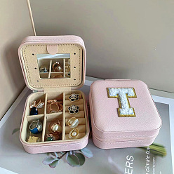 Letter T Letter Imitation Leather Jewelry Organizer Case with Mirror Inside, for Necklaces, Rings, Earrings and Pendants, Square, Pink, Letter T, 10x10x5.5cm
