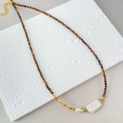 Тигровый глаз Натуральный тигр глаз бисером ожерелья, Ожерелья с прямоугольной подвеской из пресноводного жемчуга в стиле барокко для женщин, 15.75 дюйм (40 см)